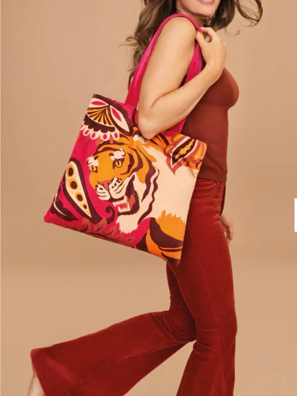 New! Regal Tiger And Florals Velvet Tote Bag By Powder